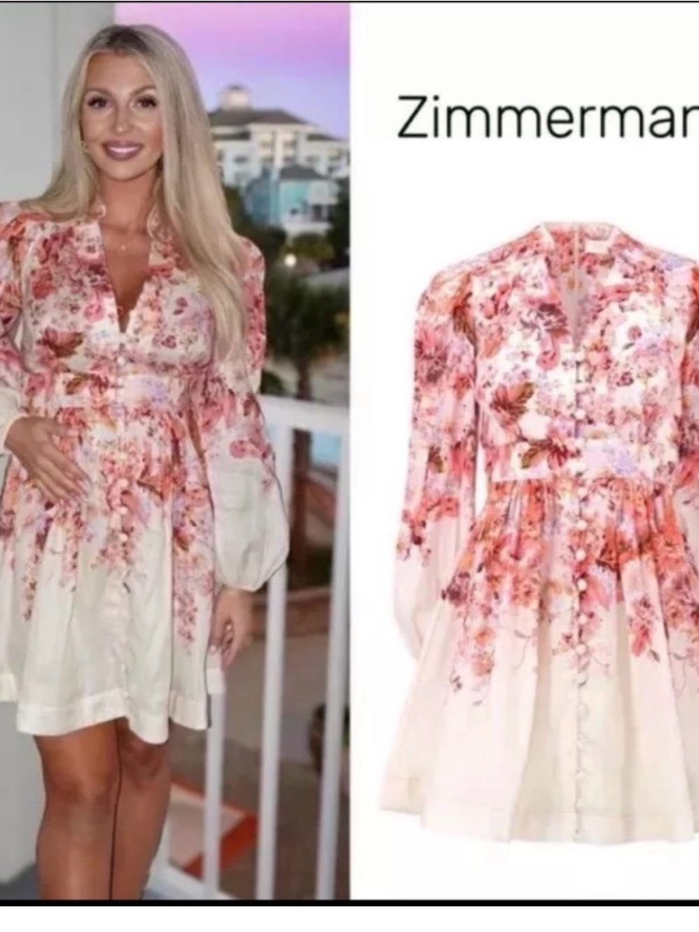 Zimmermann Devi Plunge Mini Dress Cream Floral Puff Sleeve Mini Size 1/US Small - Picture 4 of 12